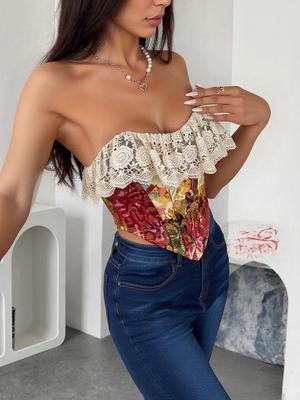 Retro Jacquard Lace Patchwork Fishbone Corset - Sexy French Oil Painting Style