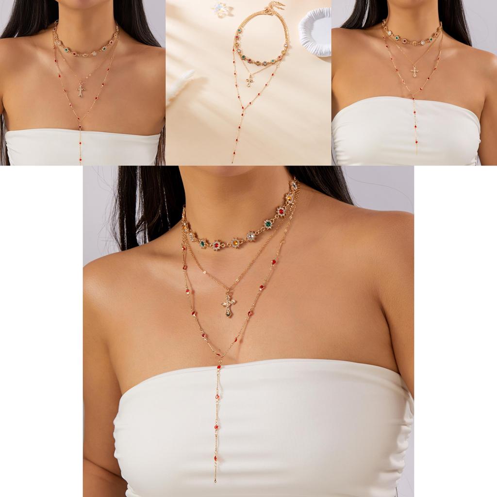 Vintage Luxury Cross Pendant Necklace For Women With Multilayer Chain Gift Idea