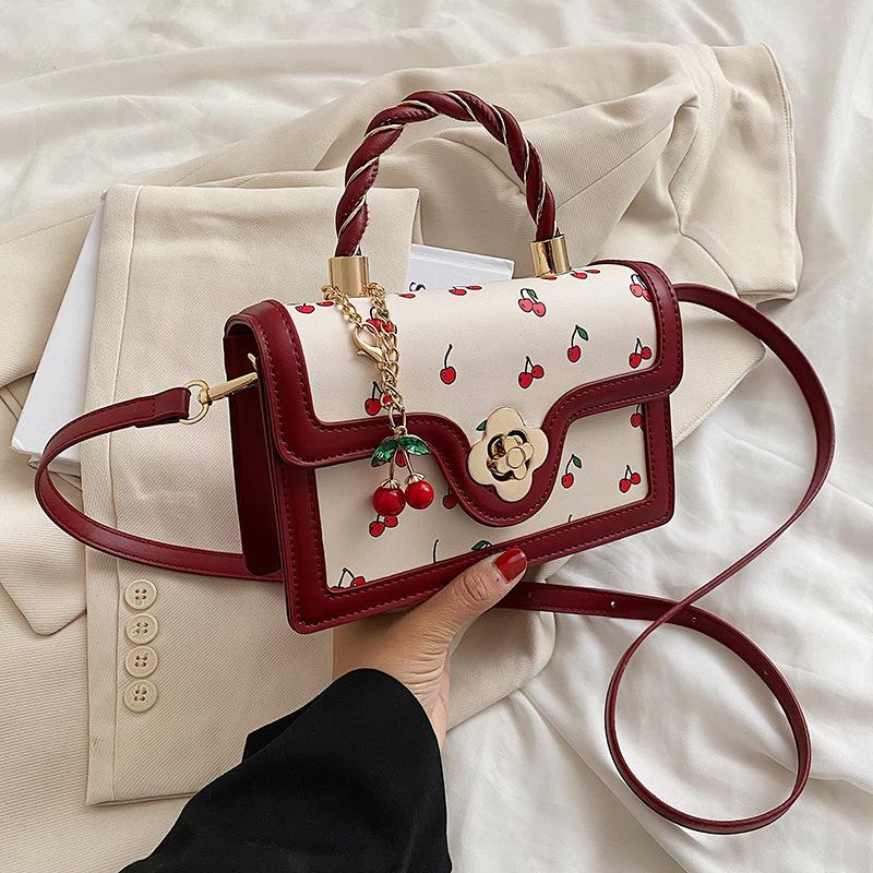 Small Shoulder Bag for Women Cute Cherry Pattern Coquette Aesthetics Crossbody Bags Faux Leather Flap Square Handbag