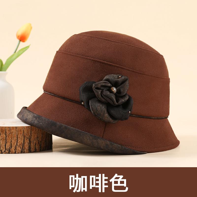 Autumn and Winter Women's Hats Fashion Flowers Elderly Pot Hat Thickened Warm Elderly Hat Mother Bucket Hat