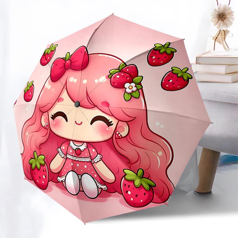 Strawberry-Themed Automatic Folding Umbrella with 3-Fold Design and Iron Frame - Perfect for Fans, Travelers, and Daily Use!0104307a