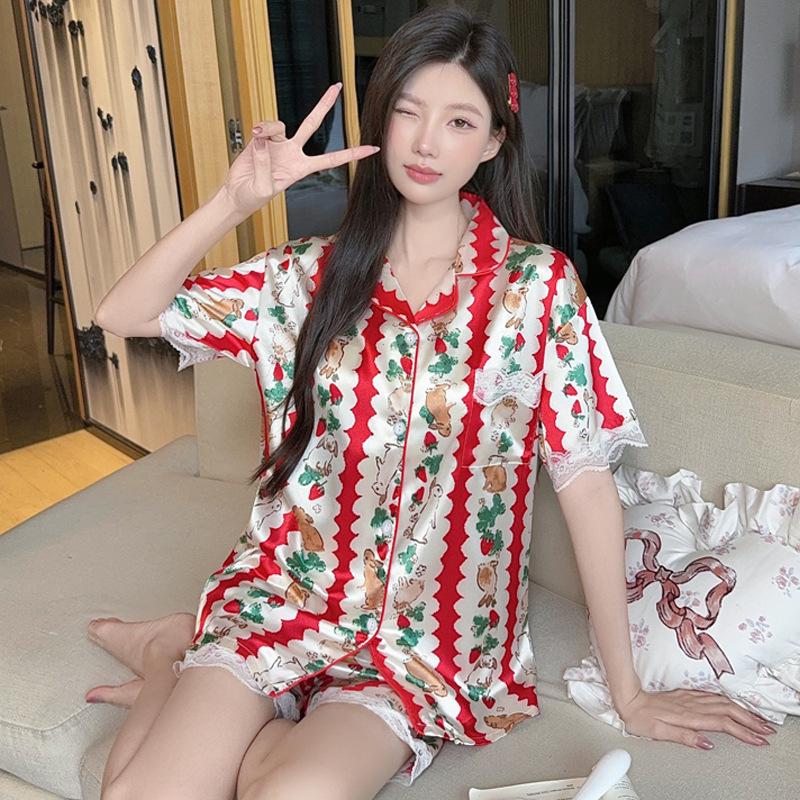 Sweet Strawberry Bunny Christmas Style Women's Ice Silk Pajamas Set: Short Sleeve Summer Homewear