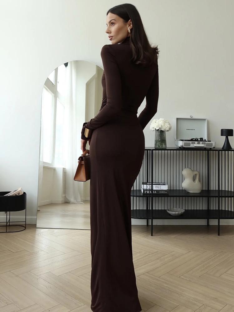 Rolák na stehnech sexy maxi šaty s vysokým rozparkem pro ženy Móda s dlouhým rukávem stažená bandáž Bodycon Club dlouhé šaty