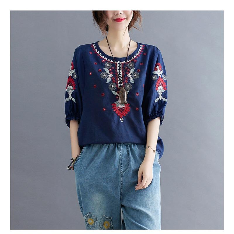 Letnia Nowość Styl Retro Literacki Luźna i Wszechstronna Etniczny Styl Bawełniana i Lniana Haftowana Koszula dla Kobiet