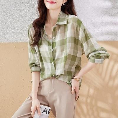 Vintage Plaid Single-breasted Blouse Women's Clothing Casual Turn-down Collar Fashion Streetwear Spring Summer Long Sleeve Shirt