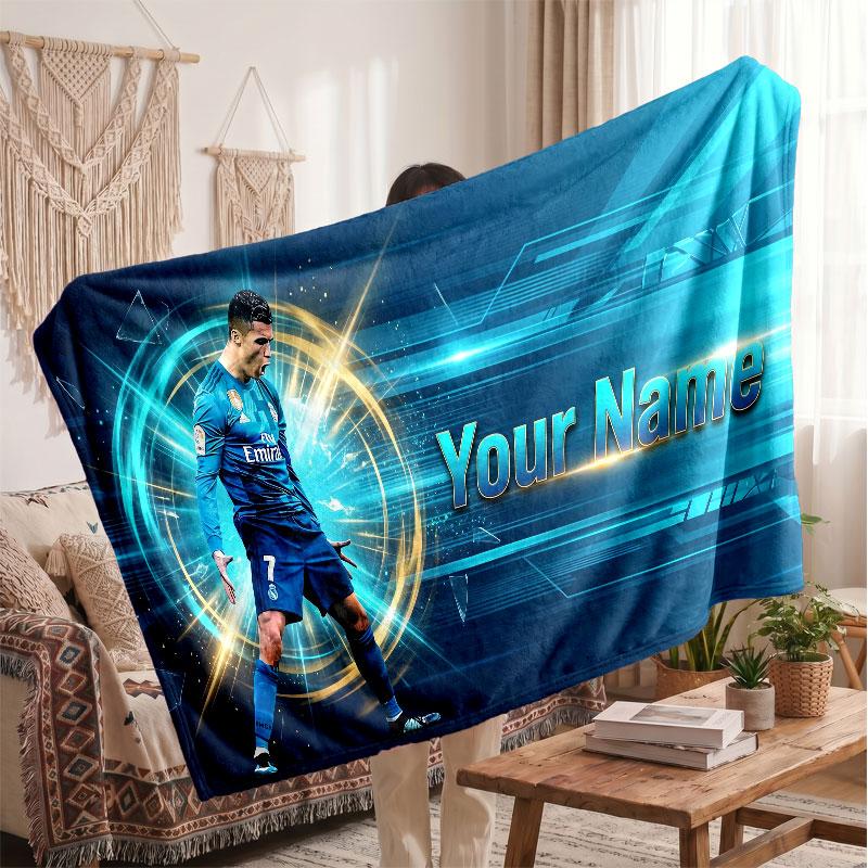 Cristiano Ronaldo Personalized Fleece Blanket With Football Logo, Custom Name Text Soft Warm Home Throw Blanket