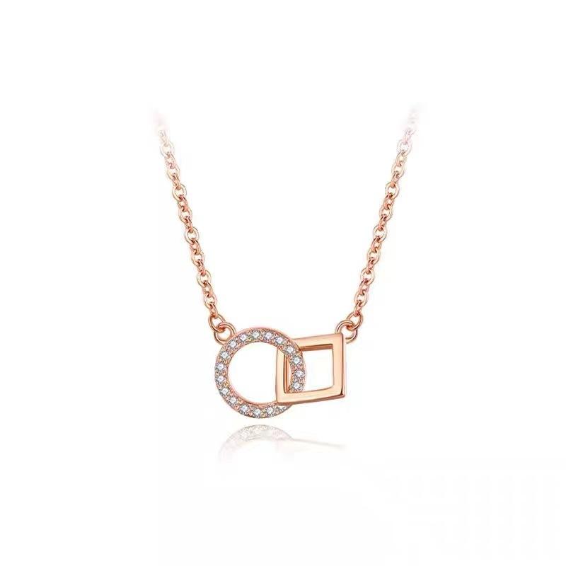 S925 Sterling Silver Necklace Square Circle Double Ring Pendant Jewelry Elegant Fashion Jewelry Gifts