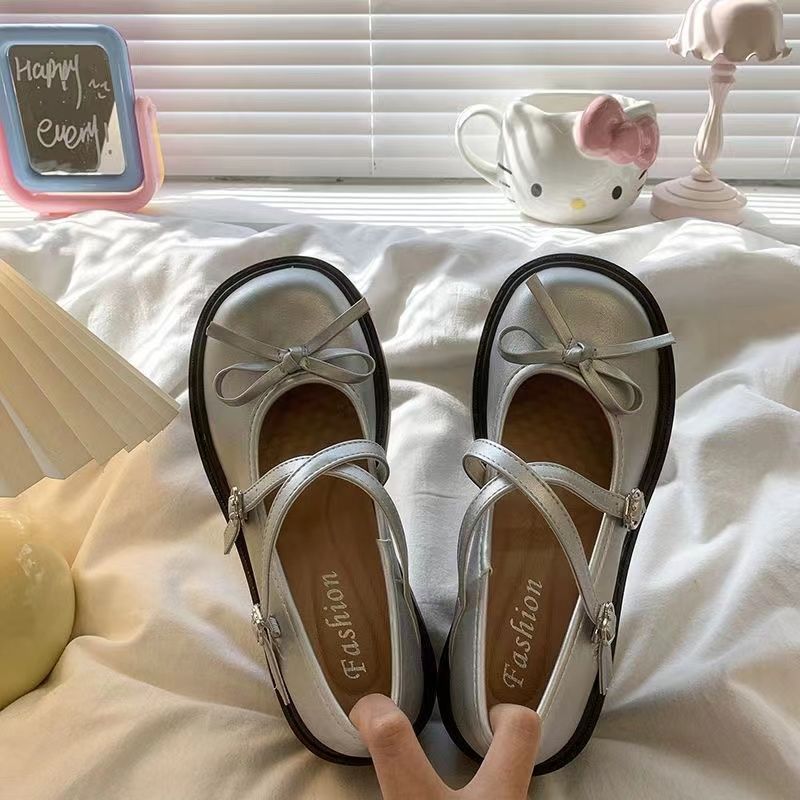 Bow thick high-heeled small leather shoes women's summer new Japanese jk heightening French versatile Mary Jane single shoes