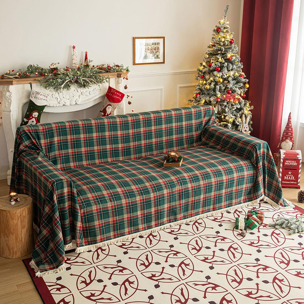 New Christmas Plaid Sofa Throw - Retro Non-Slip Couch Cover, Multi-Purpose Blanket for Home & Vacation Rentals Festive Sofa Cover