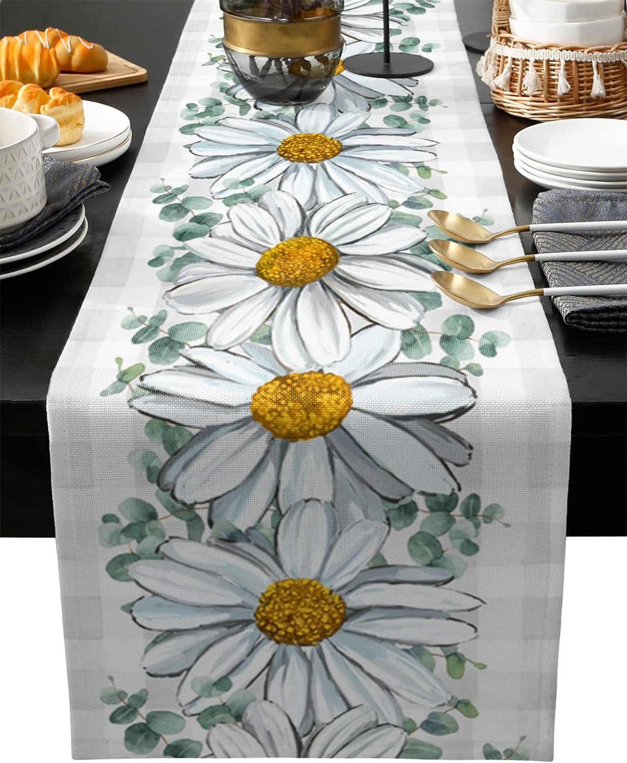 Chemins de table en lin Fleur de marguerite d'été Eucalyptus Décoration de fête de mariage de ferme de printemps Foulard de commode Décor de table à manger 150x33cm