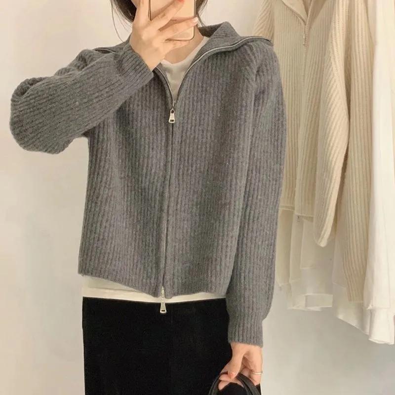 Wool Zipper Cardigan Padded Shoulder Stand Collar Women's Cashmere Knitted Coat