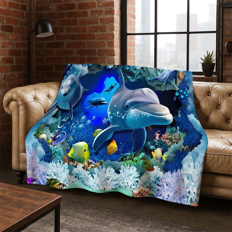 3D Illusion Underwater World Marine Life Shark Dolphin Cartoon Flannel Blanket Throw Blanket for Bedroom Living Room Bed Travel
