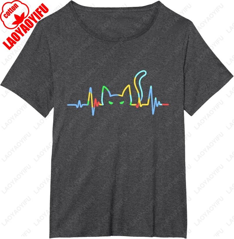 Funny Heartbeat Cat Lover Animal Silhouette Cute Printed Unisex Adult Cotton TShirt Creative Trend Casual Simple Man Camisetas