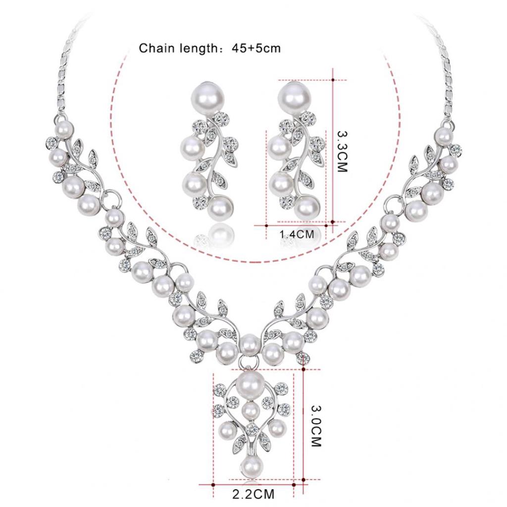 Kvinnor Elegant Faux Pearl Rhinestone lämnar halsband örhängen Bröllop smycken Set