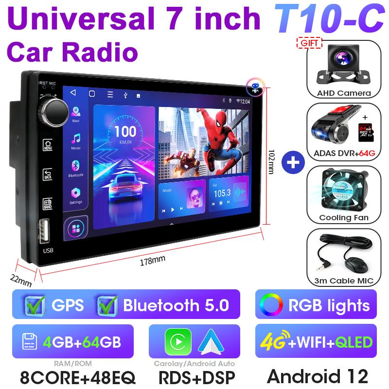 Universal 7 Inch 2 Din Android 12 Car Radio Multimedia Video Player For Nissan Kia Honda Toyota VW Ford Carplay Auto RDS DSP 4G