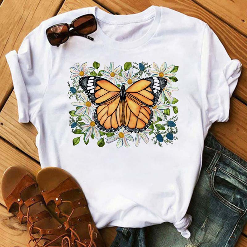 Women Flower Butterfly Fashion Print T Shirt Casual Short Sleeve Ladies T Tee Female Top Shirt Clothes Womens Graphic T-shirt