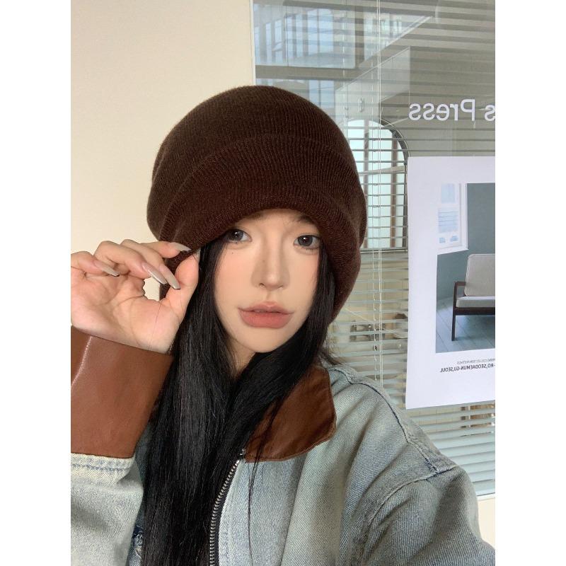 

Large Head Loose Pile Hat Female Head Face Cover Knitted Hat Solid Color Woolen Hat Couple Cold Hat Laid Back Style Relaxed Feeling (54~ 65CM)