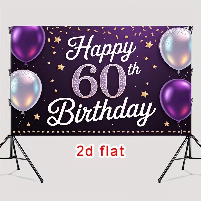 Toile de fond 2D Violet et Or « Joyeux 60e Anniversaire » avec Ballons et Étoiles