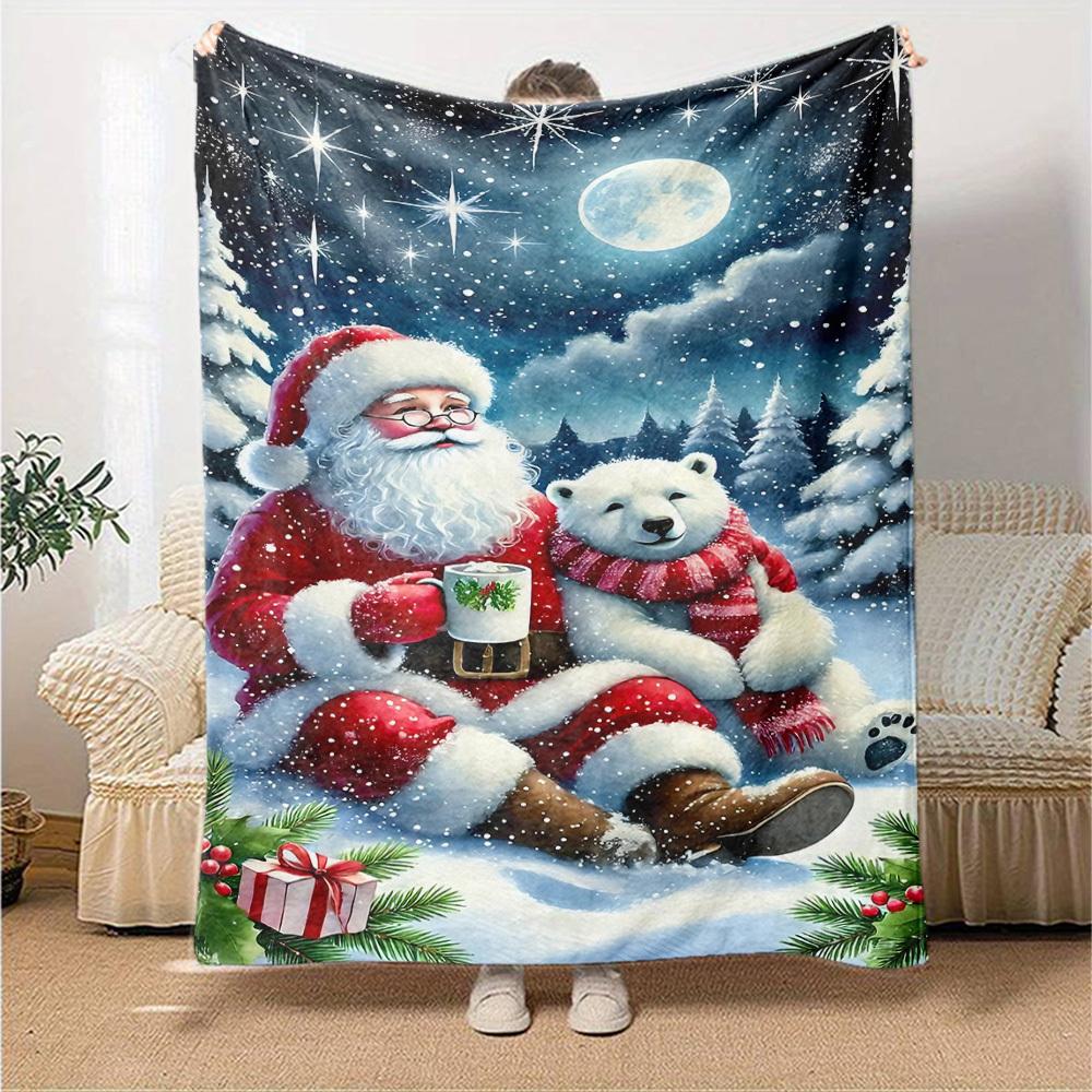 1pc Santa Claus, Polar Bear Blanket Lightweight Flannel Throw for Sofa Bed Travel Camping Livingroom Office Couch Chair