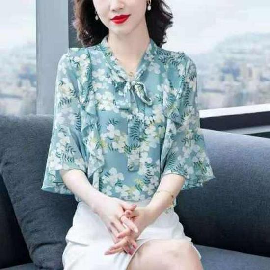 Women's Floral Chiffon Blouse with Bow - 2025 Summer Fashion, Flare Sleeves, Elegant Fairy Style.