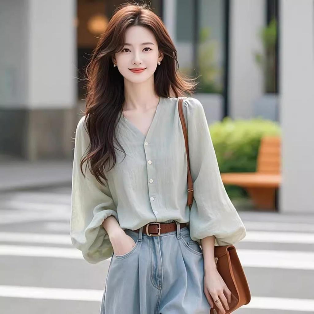 Damen Hemd Langarm Frühling Herbst Bluse Casual Fashion V-Ausschnitt Tops