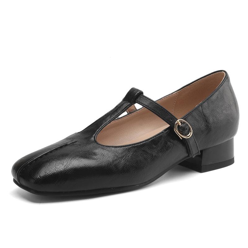 Fashion Casual Woman Shoe Low Heels Square Toe Female Footwear Summer New Dress On Heels Mary Janes PU Leisure Solid TPR Buckle Strap