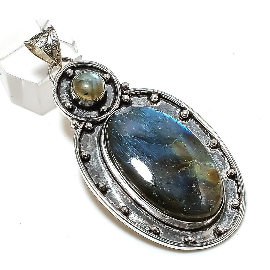 Pendente in Argento Sterling 925 Fatto a Mano con Pietra di Labradorite 2,76" m8k13