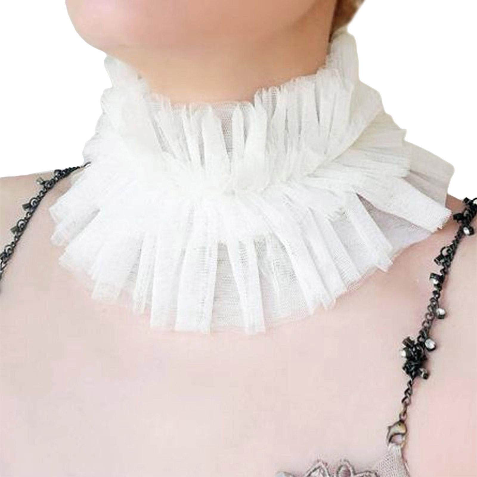 

Women Renaissances Elizabethan Mesh Ruffle False Collar Vintage Small Neck Ruff Ties Up Detachable Chokers Shawl Wrap білий