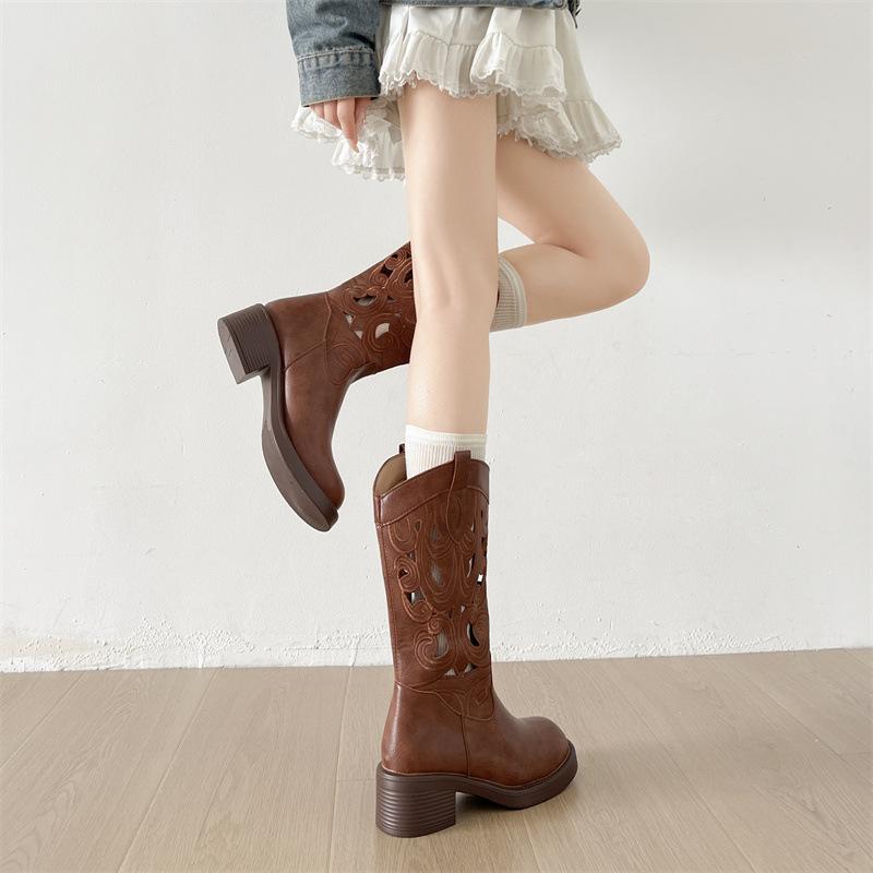 Maillard thick heel western cowboy boots women's retro knight boots 2025 new summer thin hollow long boots
