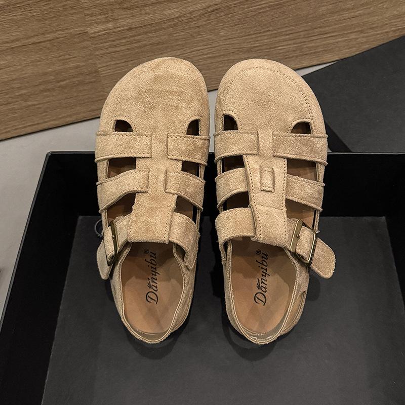 

Ретро сандалии баотоу женские 2025 лето новые двухсторонние ажурные полушлепанцы плетеные мягкие на плоской подошве туфли-свинки 40 хаки