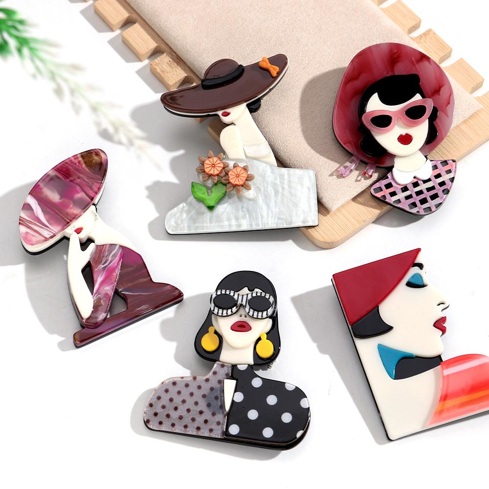 New Fashion Lady Acrylic Brooches for Women Cute Cartoon Glasses Girl Figure Badge Pins Casual Jewelry Clothes Accessories Gift