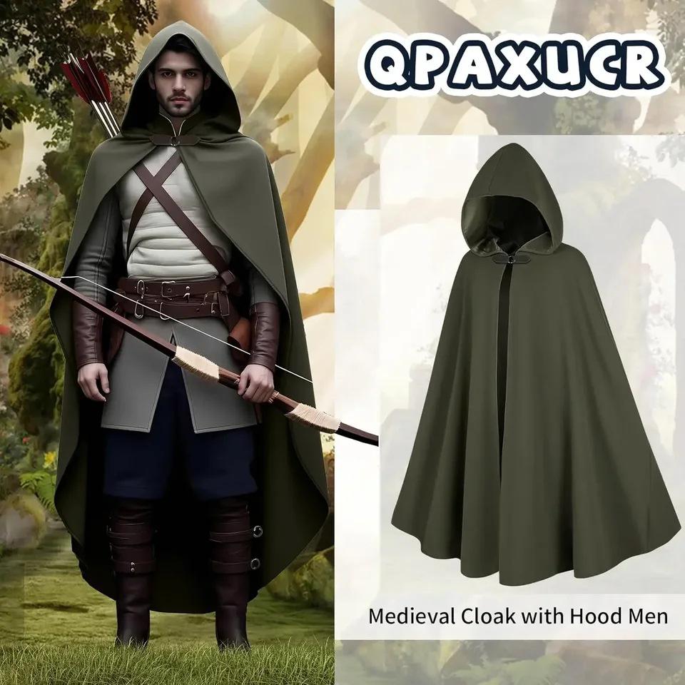 Medieval Hooded Cloak with Round Buckle and Green Leaf Brooch Necklace