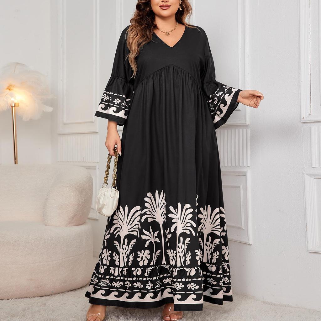 Elegant V-Neck Trumpet Sleeve Printed Long Dress for Women