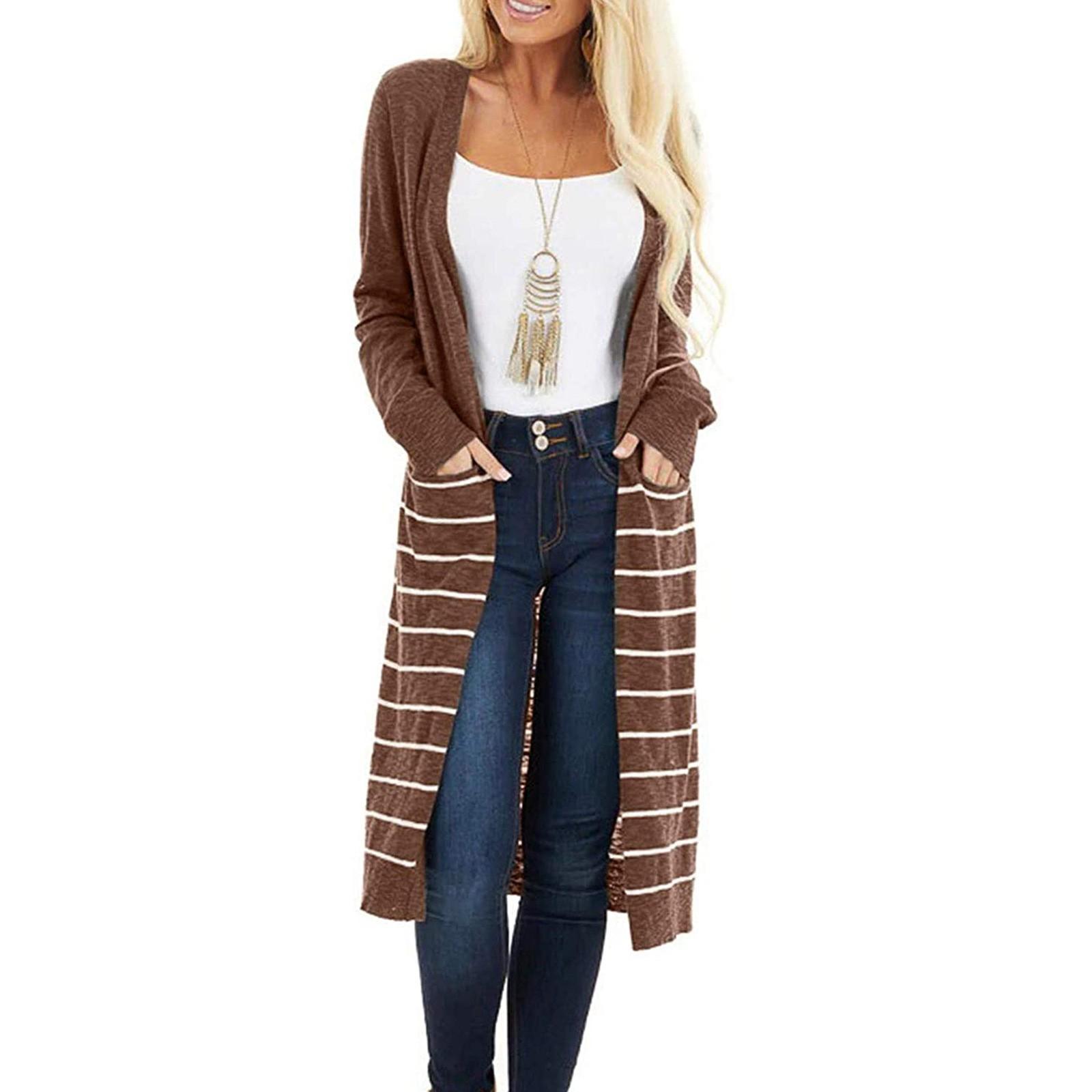 

Женская мода повседневная полосатая свободная печать длинный рукав длинный кардиган пальто XXXL коричневый