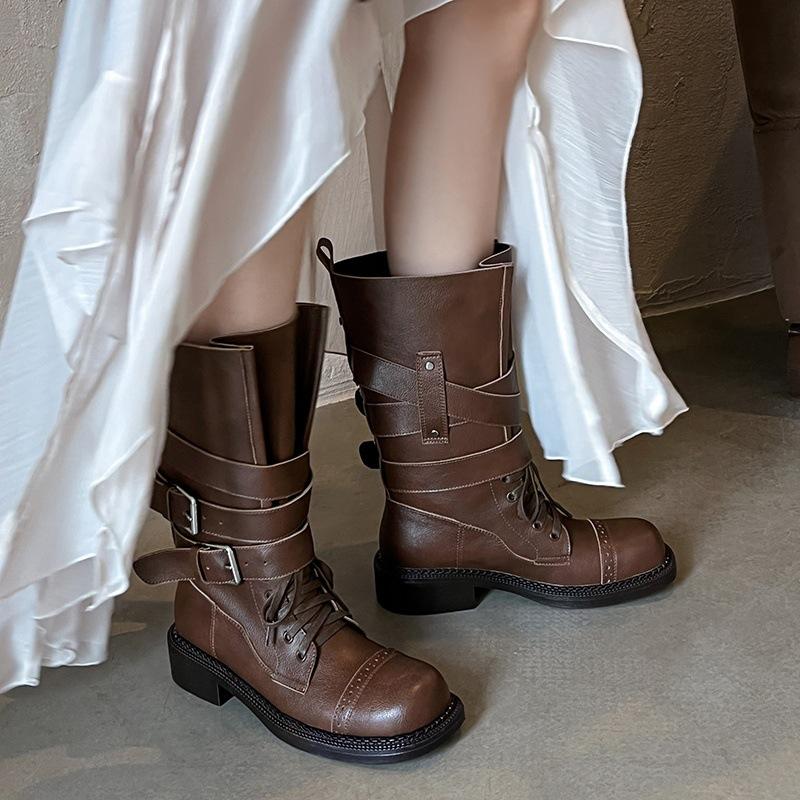 British style lace-up belt buckle thick heel Martin boots women's 2025 new fashion medium tube versatile brown short boots