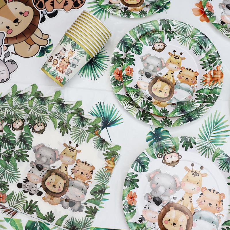 Jungle Birthday Party Decorations Animal Disposable Tableware Set Forest Woodland Safari Birthday Animals Theme Party Supplies