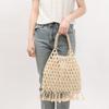 NEU Damen Gewebt Quasten Design Ausgeschnitten Holzperlen Tragetasche Eimer Schultertasche Damen Netzartiges Netzgewebe Strand Handtasche