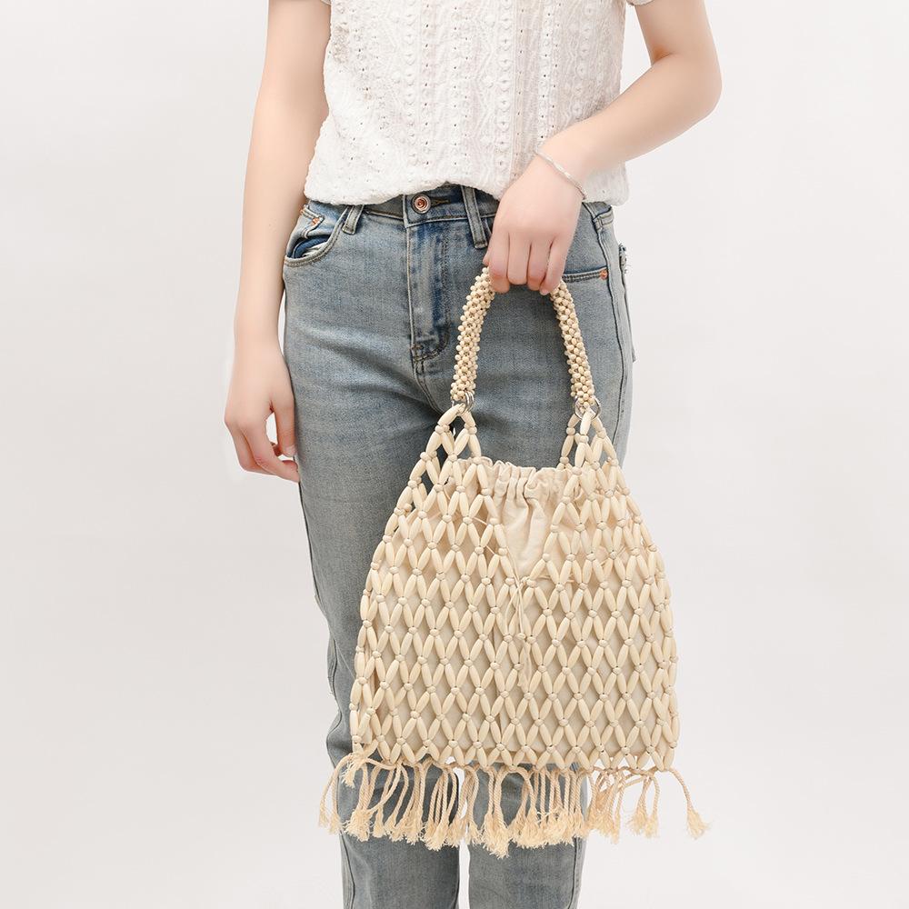 NEU Damen Gewebt Quasten Design Ausgeschnitten Holzperlen Tragetasche Eimer Schultertasche Damen Netzartiges Netzgewebe Strand Handtasche