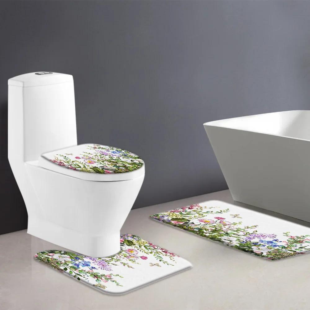 Colorful Plant Botanical Wildflower Flowers Shower Curtain Set Garden Floral Butterfly Bathroom Decor Rug Bath Mat Toilet Cover