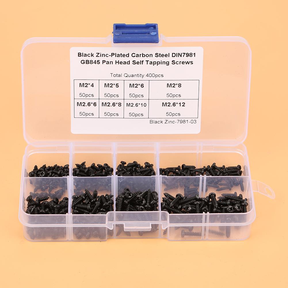 400Pcs Black M2 M2.6 Cross Pan Head Self Tapping Screws Set Assortment Kit