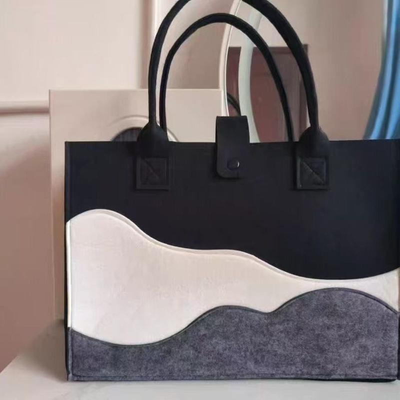 Reusable Felt Tote Bag Wavy Color Block Design Snap Closure Large Capacity for Picnic Shopping Office Commute