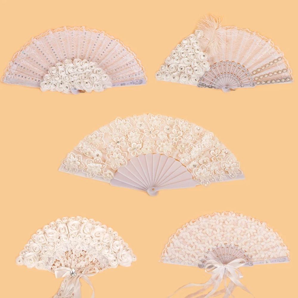 

White Bridal Handheld Fan Rose Pattern Folding Fan Decoration Fan Lolita Lace Hand Fan Photo Prop