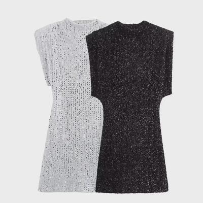 2024 Γυναικείο Μίνι Βραδινό Φόρεμα με Μαύρες Παγιέτες, Αμάνικο Σχέδιο, Ενισχύσεις Ώμων και Ζώνη