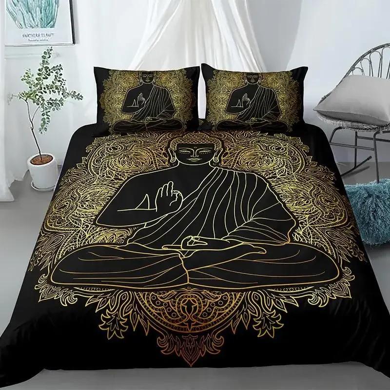 Mandala Buddha Bettbezug-Set, Böhmisches Bettwäsche-Set Goldener Schwarzer Lotusblumen-Druck Luxuriöser Mikrofaser-Polyester-Bettdeckenbezug