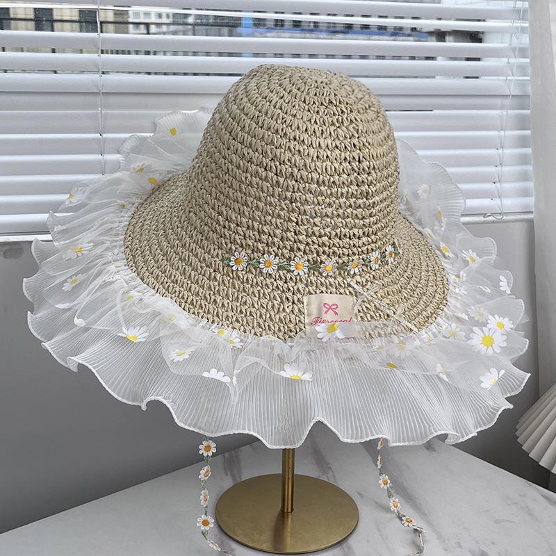 New small daisy lace straw hat women's spring and summer oversized brim sunshade sunscreen hat seaside vacation sun hat