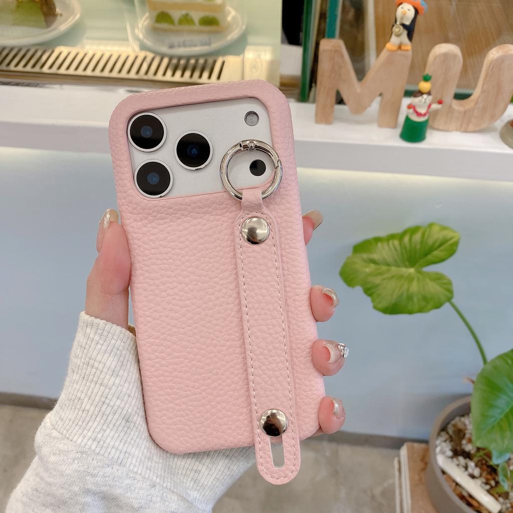 Lychee Ring Holder Stylish Wristband PU Leather Phone case For iPhone 17 Pro Max 16 Plus 15 14 13 12 kickstand Shockproof Cover