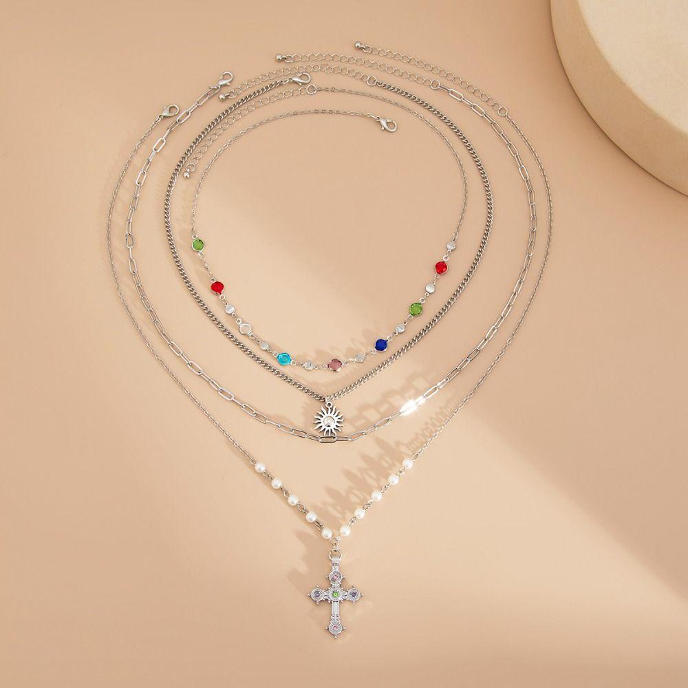 Necklace Set Cross Pendant Necklace Ethnic Style Rhinestone Necklace Love Pearl Necklace  Gift