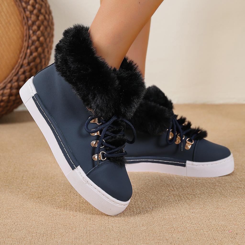 Fashion Lace Up Furry Casual Shoes Women 2025 Winter Warm Short Plush Flat Heel Ankle Boots Fluffy Fur Comfort Non Slip Woman's Sneakers