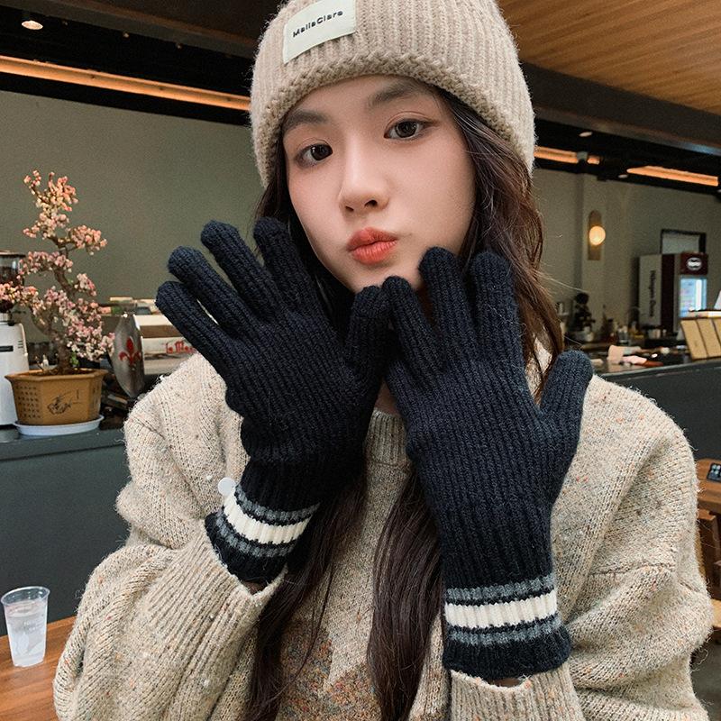 

Осенне-зимние теплые перчатки для женщин, велосипедные, ветрозащитные, холодостойкие, теплые, вязаные перчатки с полосками и сенсорным экраном, плюс бархат one size