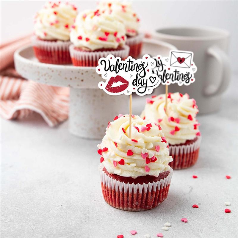 Gut-48 Stück Valentinstag Kuchenaufsätze- Happy Valentine's Day Partyzubehör Valentinstagszubehör Valentinstagskuchen Dekoration